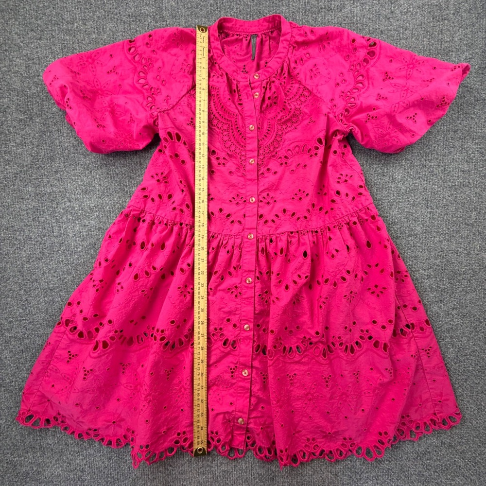 Anthropologie Hot Pink Eyelet Mini Dress Short Puff Sleeve Cotton Tiered Size L - Picture 3 of 13